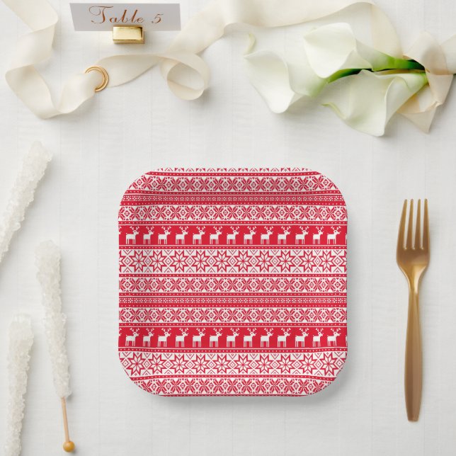 Nordic Reindeer Ugly Christmas Sweater Party Paper Plate (Wedding)