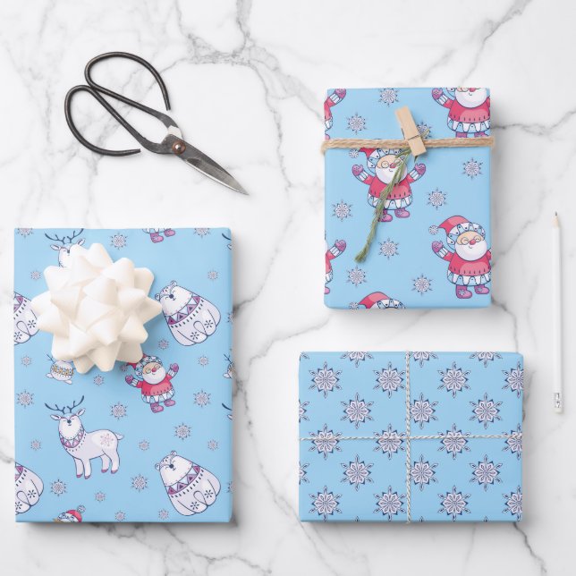 Nordic Santa and Animals Pattern on Blue Wrapping Paper Sheet (Front)