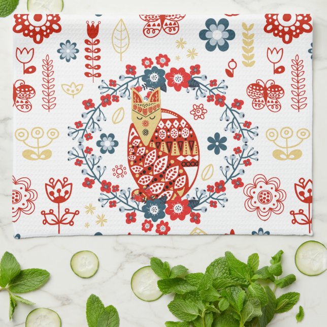 Nordic Scandi Folk Art Woodland Red Fox Flowers Kitchen Towel (Folded)
