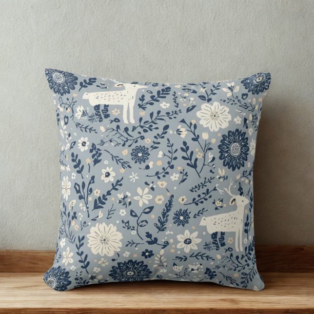 Nordic Scandinavian Deer & Floral Pattern Throw Pillow (Nordic Scandinavian Blue and Cream Floral Deer Print Throw Pillow)