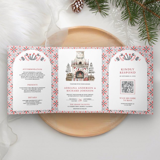 Nordic Scandinavian Folk Art Fireplace Wedding Tri-Fold Invitation (Creator Uploaded)