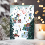 Nordic ski lodge skating Christmas Holiday Card<br><div class="desc">Cute blue and green Alpine ski lodge cosy chalet skating & skiing people and children winter fun Christmas in nature with white snow. Original artwork by Caroline Bonne Müller</div>