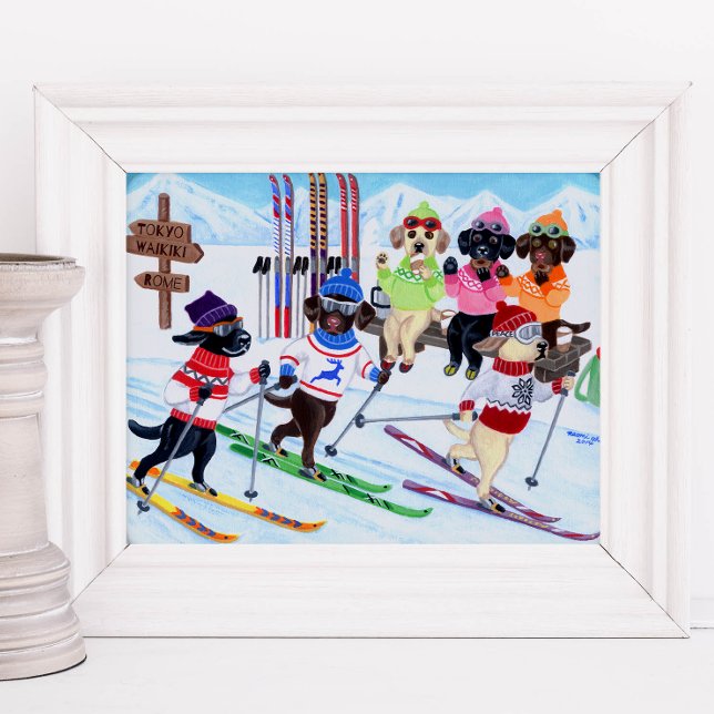 Nordic Skiing Labradors Artwork Poster (Nordic Skiing Labradors Poster for Labrador Owners who love winter sports.  Whimsical Lab artwork.)