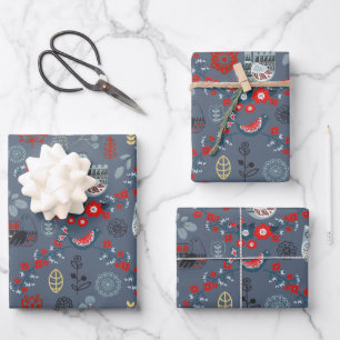 Nordic Slavic Folk Art Birds Plants Flowers Red Wrapping Paper Sheet