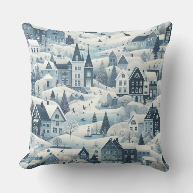 Nordic Snow Winter Town Soft Pattern Throw Pillow (Front)