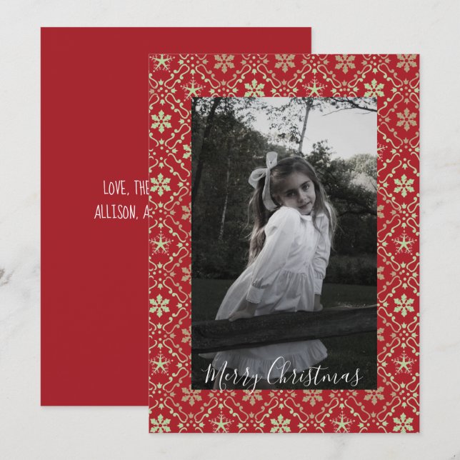 Nordic Snowflake Elegant Red 1 Photo Trendy Holiday Card (Front/Back)