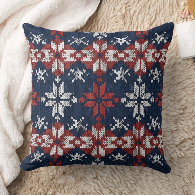 Nordic Snowflake Knit Pattern in Navy, Red, White Throw Pillow (Blanket)