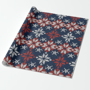 Nordic Snowflake Knit Pattern in Navy, Red, White Wrapping Paper