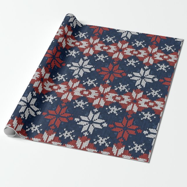 Nordic Snowflake Knit Pattern in Navy, Red, White Wrapping Paper (Unrolled)