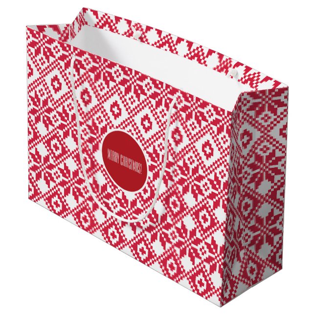 Nordic Snowflake Pattern Custom Name Christmas  Large Gift Bag (Back Angled)
