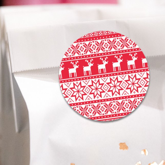 Nordic Snowflake Reindeer Ugly Christmas Sweater Classic Round Sticker (Nordic Snowflake Reindeer Ugly Christmas Sweater Classic Round Sticker)
