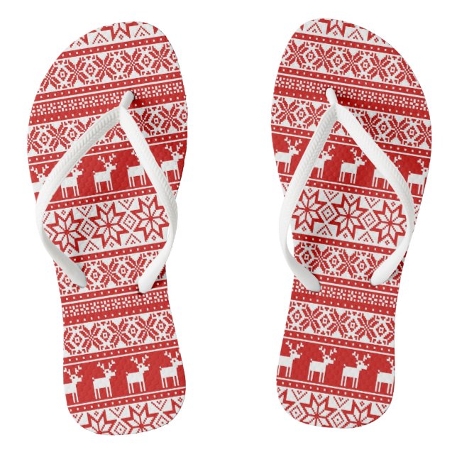 Nordic Snowflake Reindeer Ugly Christmas Sweater Flip Flops (Footbed)