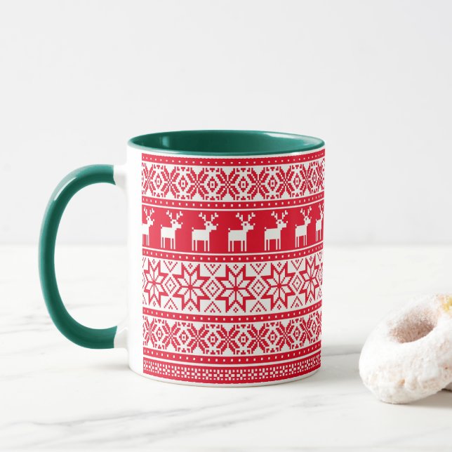 Nordic Snowflake Reindeer Ugly Christmas Sweater Mug (With Donut)