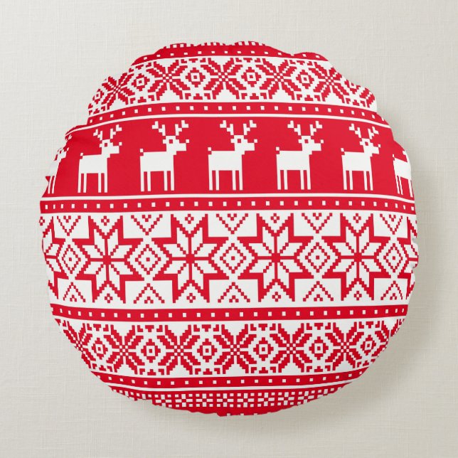 Nordic Snowflake Reindeer Ugly Christmas Sweater Round Pillow (Front)