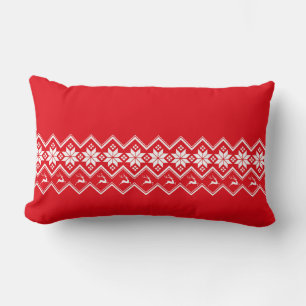 Nordic Snowflakes & Reindeers on Red and White Lumbar Pillow