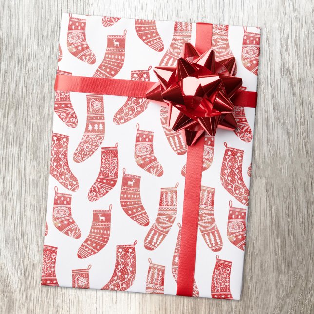 Nordic Stockings Scandinavian Christmas Red White  Wrapping Paper (Nordic Stockings red and white Scandinavian folk art pattern Christmas gift wrapping paper roll)