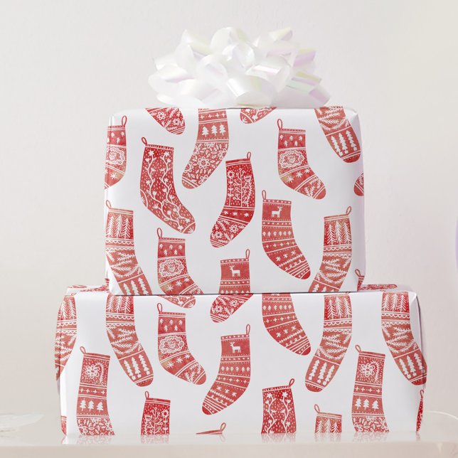 Nordic Stockings Scandinavian Christmas Red White Wrapping Paper (Nordic stockings red and white Christmas winter holidays gift wrap roll)