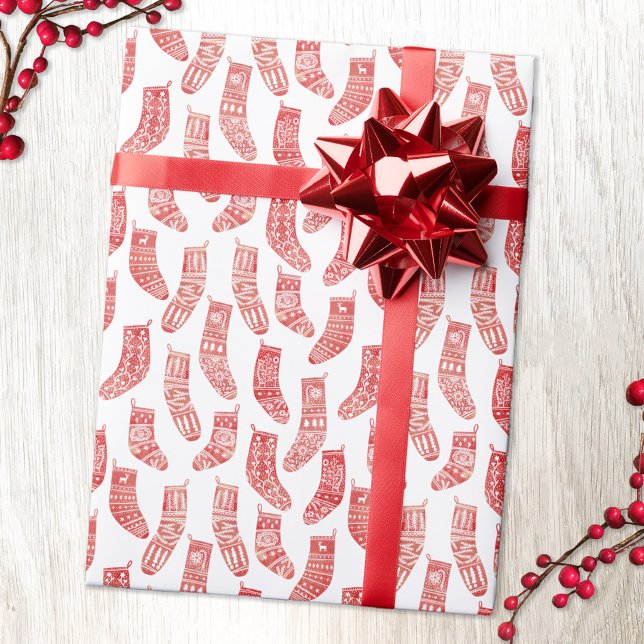 Nordic Stockings Scandinavian Christmas Red White Wrapping Paper (Nordic red and white Christmas Stocking pattern gift wrap)