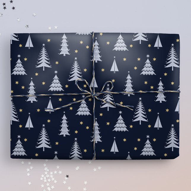 Nordic Stone Blue-Grey Christmas Trees Dark Wrapping Paper (Creator Uploaded)