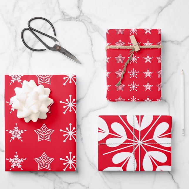 Nordic style Christmas stars in white on red Wrapping Paper Sheet (Front)