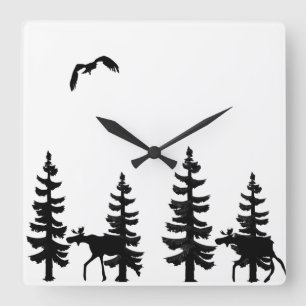 Nordic style pine trees silhouettes moose in black square wall clock