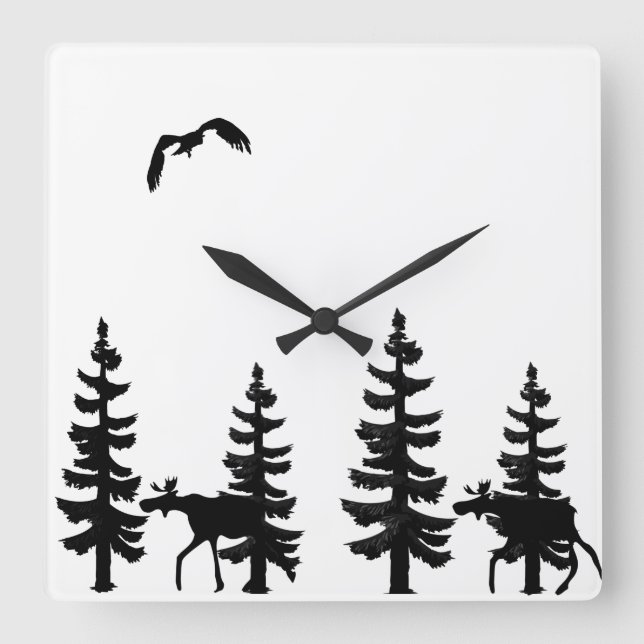 Nordic style pine trees silhouettes moose in black square wall clock (Front)