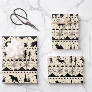 Nordic Sweater Beige Black Winter Animals Wrapping Paper Sheet