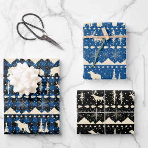 Nordic Sweater Beige Blue Plaid Winter Animals Wrapping Paper Sheet