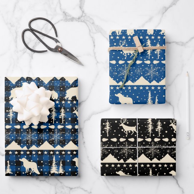 Nordic Sweater Beige Blue Plaid Winter Animals Wrapping Paper Sheet (Front)