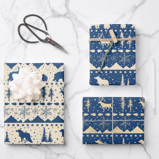 Nordic Sweater Beige Navy & Gold Winter Animals Wrapping Paper Sheet (Front)