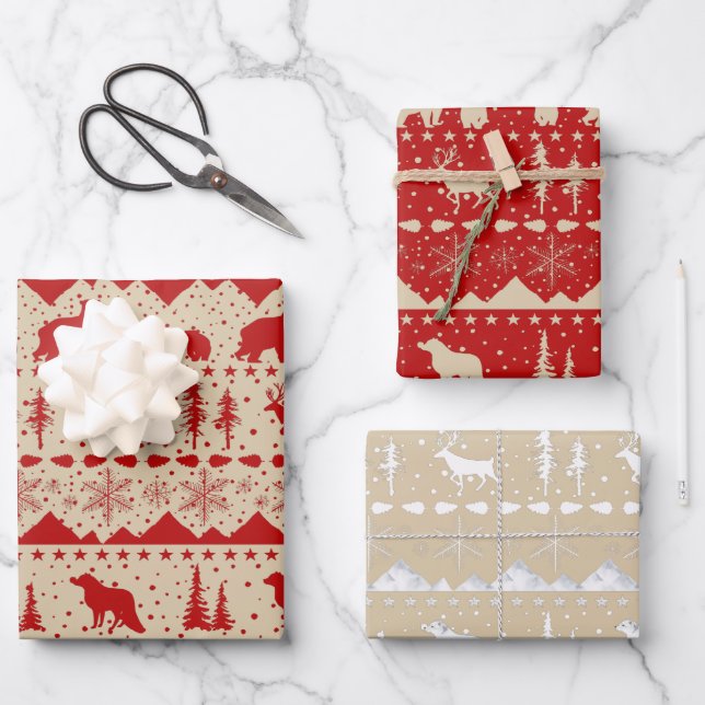 Nordic Sweater Beige Red White Winter Animals Wrapping Paper Sheet (Front)