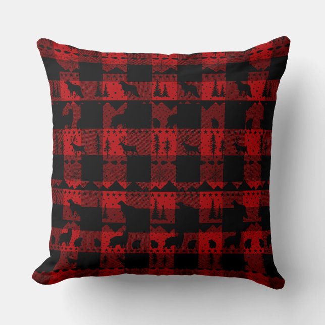 Nordic Sweater Black Winter Animals Buffalo Plaid Throw Pillow (Front)