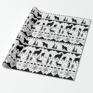 Nordic Sweater Black Winter Animals White Wrapping Paper
