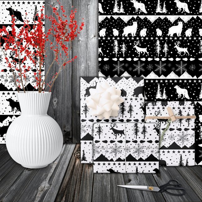 Nordic Sweater Black Winter Animals White Wrapping Paper Sheet (Nordic Sweater Black Winter Animals White Wrapping Paper Sheets )