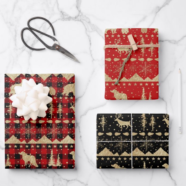 Nordic Sweater Buffalo Plaid Gold Winter Animals Wrapping Paper Sheet (Front)