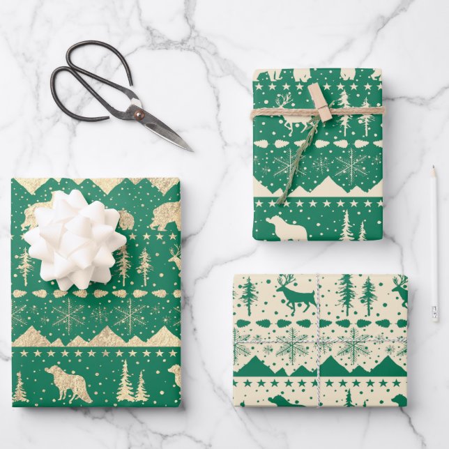 Nordic Sweater Gold Beige Green Winter Animals Wrapping Paper Sheet (Front)
