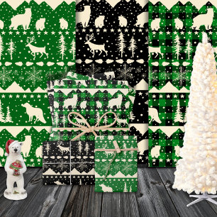 Nordic Sweater Gold Beige Green Winter Animals Wrapping Paper Sheet