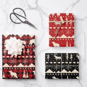 Nordic Sweater Gold Beige Red Plaid Winter Animals Wrapping Paper Sheet