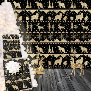 Nordic Sweater Gold Winter Animals Black Wrapping Paper Sheet