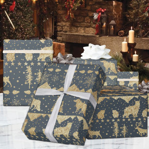 Nordic Sweater Gold Winter Animals Grey Flannel Wrapping Paper