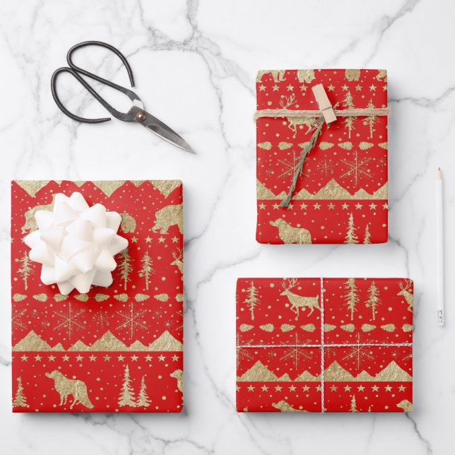 Nordic Sweater Gold Winter Animals Holiday Red Wrapping Paper Sheet (Front)