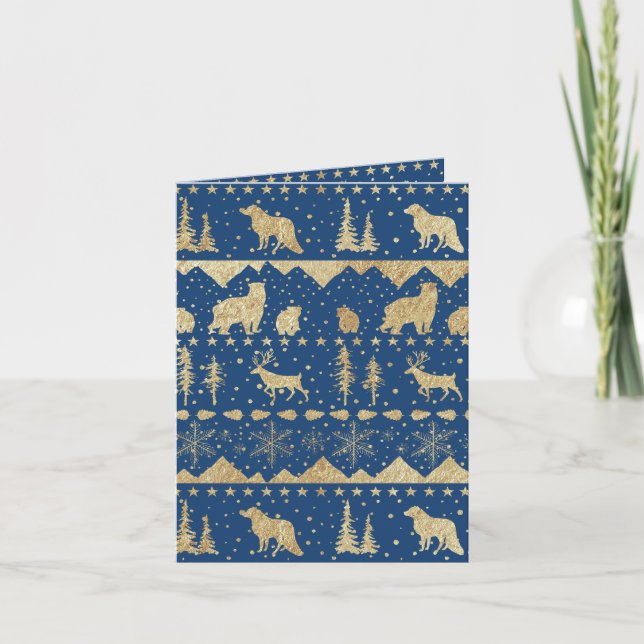 Nordic Sweater Gold Winter Animals Navy Blue Holiday Card (Front)
