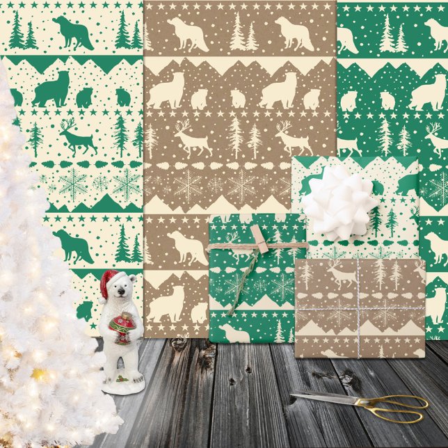 Nordic Sweater Green Beige Kraft Winter Animals Wrapping Paper Sheet (Nordic Sweater Green Beige Kraft Winter Animals Wrapping Paper Sheets)