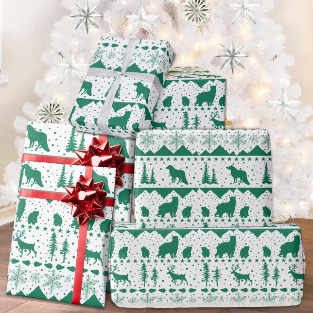 Nordic Sweater Green Winter Animals White Wrapping Paper (Nordic Sweater Theme White With Green Winter Animals Christmas Holiday Wrapping Paper)