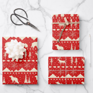 Nordic Sweater Holiday Red Beige Winter Animals Wrapping Paper Sheet