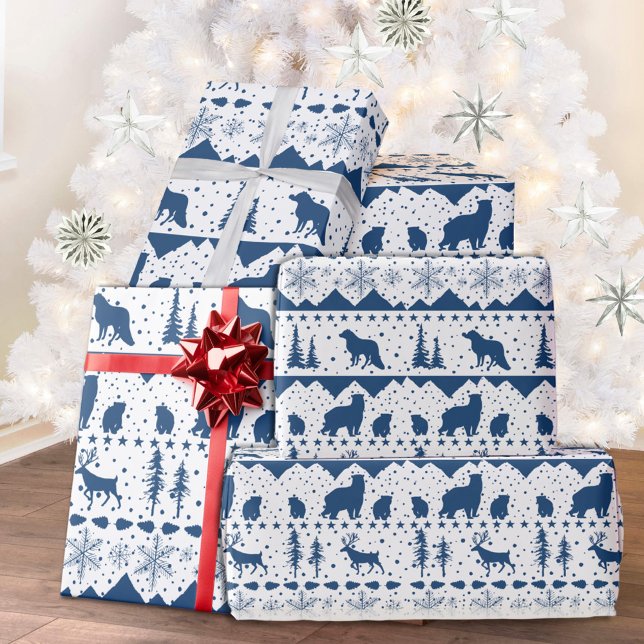 Nordic Sweater Navy Blue Winter Animals White Wrapping Paper (Nordic Sweater Theme White & Blue Winter Animals Christmas Holiday Wrapping Paper Rolls)