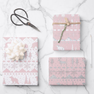 Nordic Sweater Pink White Silver Winter Animals Wrapping Paper Sheet