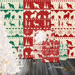 Nordic Sweater Red Green & Beige Winter Animals Wrapping Paper Sheet