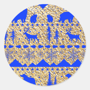 Nordic Sweater Royal Blue Winter Animals Gold Classic Round Sticker