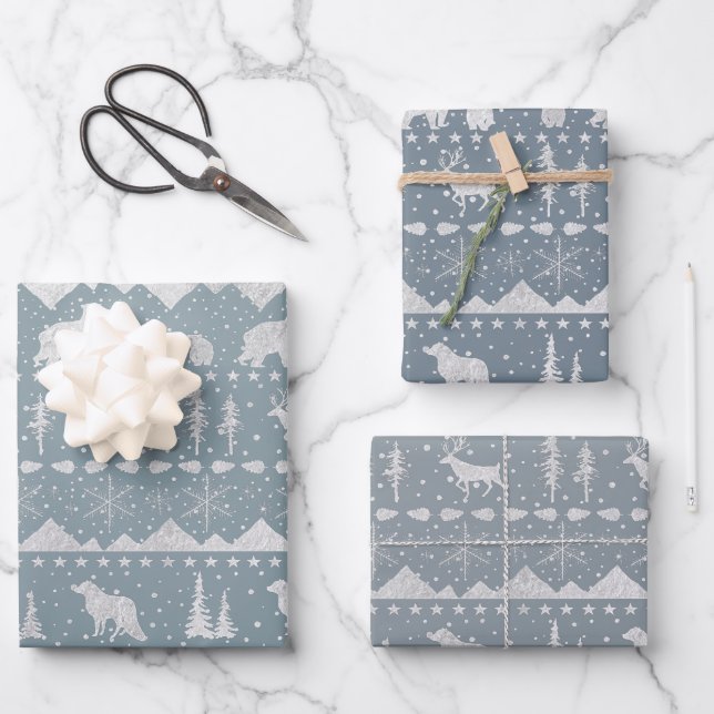 Nordic Sweater Silver Winter Animals 3 Shades Grey Wrapping Paper Sheet (Front)